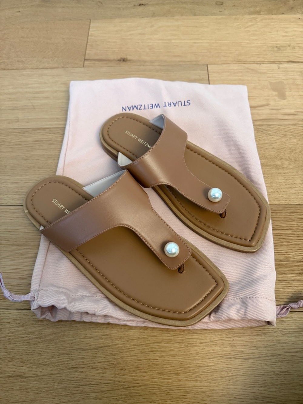 Stuart Weitzman Tan Leather Pearl-Accent Toe-Loop Sandals